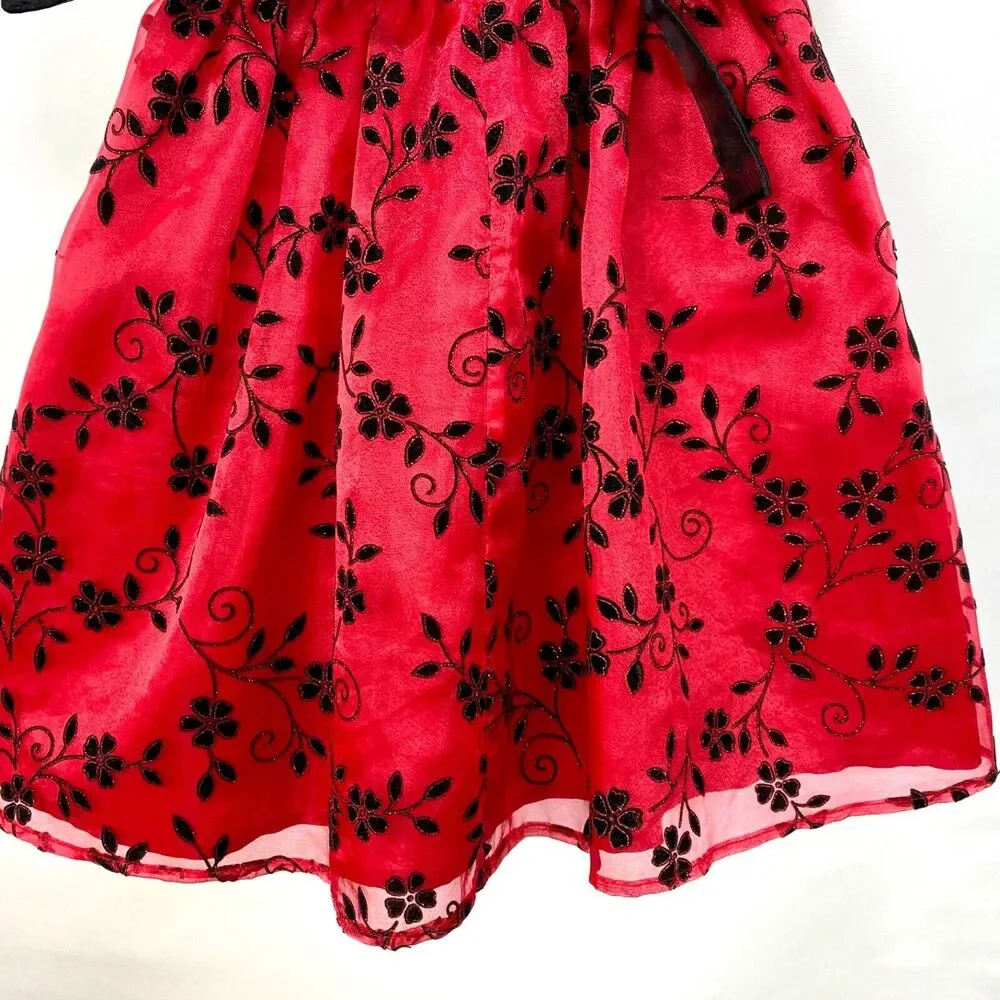 Rare Editions Girls Dress 3T Red Flocked Skirt Black Velvet Top Crinoline Bow